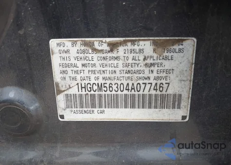 2004 Honda Accord 2.4 Lx from USA, damaged, VIN 1HGCM56304A077467